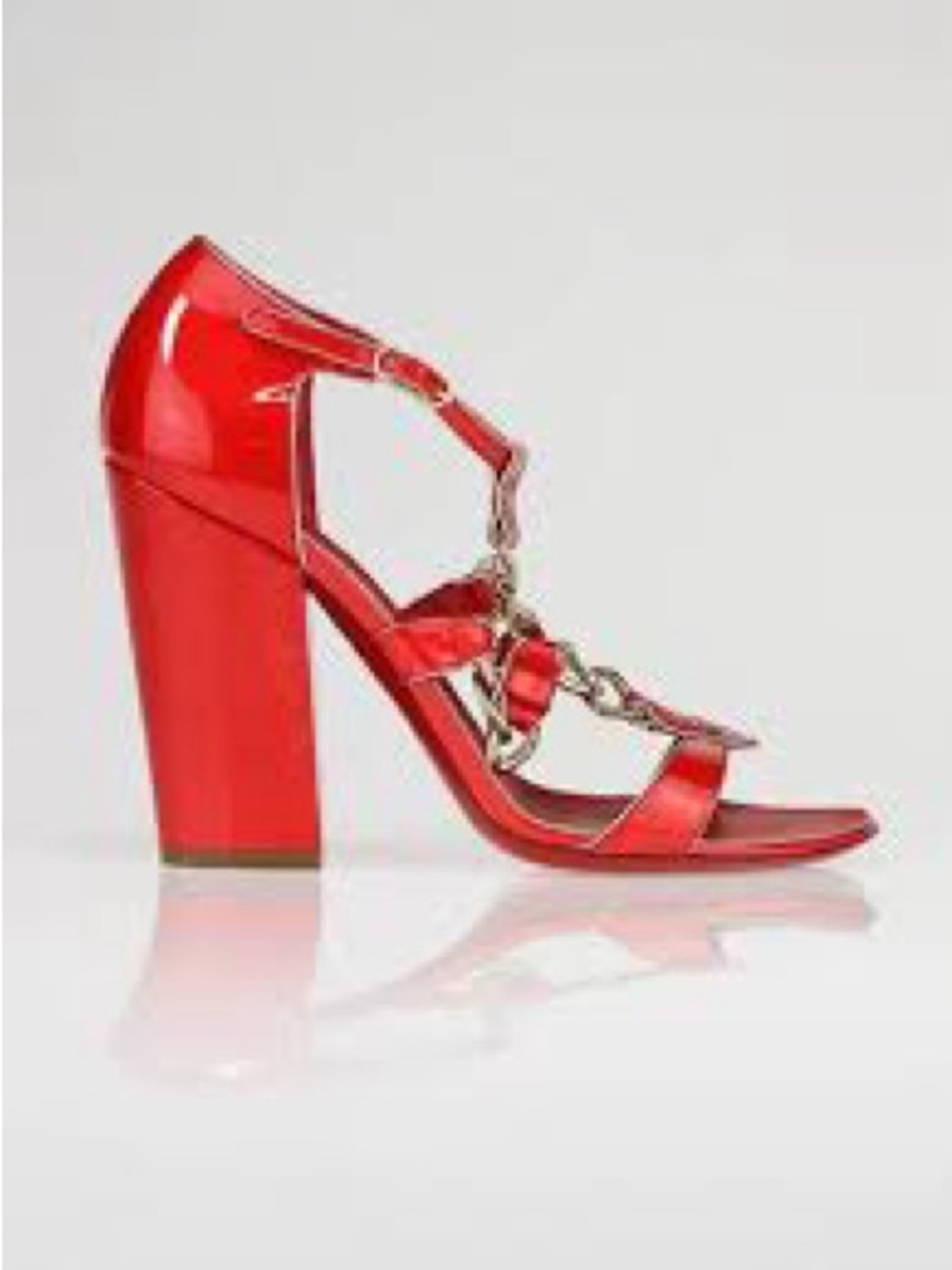 Chanel Chain Link Block Heel Open Toed Strappy Sandals High Heels Red Size 38